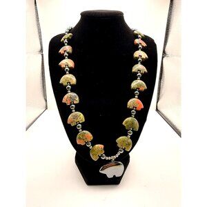 VTG Boho Unakite Stone Bear Pendant Necklace 24" Hematite Beads Southwestern Nat
